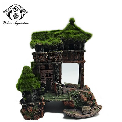 China aquarium equipment supplier resin building model moss covered house for fish tank decor